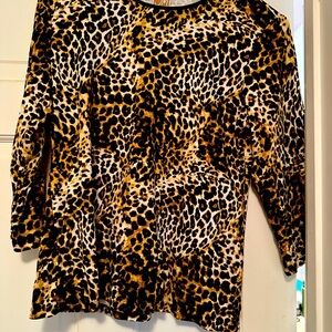 Long sleeve soft top . Leopard print w black ribbon type border on neckline L